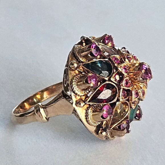 Vintage Solid 14k Yellow Gold Ruby Sapphire Emerald Princess Cocktail Ring 6.7g - Picture 1 of 9